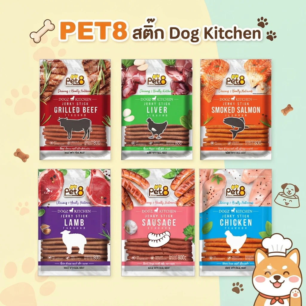 Pet8 สติ๊กไก่ Dogz Kitchen รสไก่ เนื้อ ตับ แซลมอน แกะ 800g หอม อร่อย มี DHA& Omega 3&6 เก็บปลายทาง