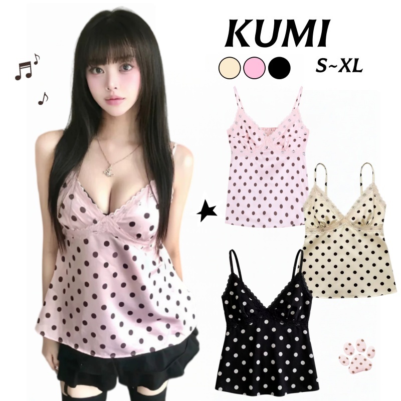 KUMI พร้อมส่ง สไตล์เกิร์ลลี่ เสื้อแขนกุดคอโบว์ ลายจุดขาวดำ ไว้หลังเปิด ผ้านุ่มระบายอากาศ เหมาะเที่ยวทุกที่