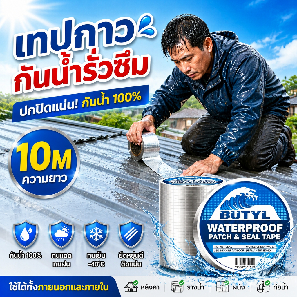10M เทปกาวกันน้ํารั่วซึม เทปกาวบิวทิล เทปฟอยล์ หลังคา กันน้ำ กันรั่ว ทนความร้อนสูง