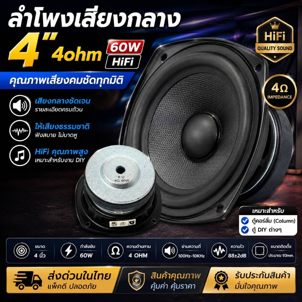 ดอกลำโพงกลาง 4 นิ้ว SU 4Ω 60W ลำโพงฟูลเรนจ์ กลาง 4 นิ้วSU เสียงกลาง4นิ้ว ดอก4นิ้ว ดอกซับ ราคาต่อ1ดอก