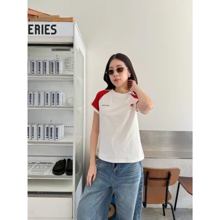 🍊 VL 5376 เสื้อยืด ดีเทลแต่งแถบที่คอและแขนเสื้อสีทูโทน ลายปัก น่ารักมากก! ใส่สบายสุดๆ