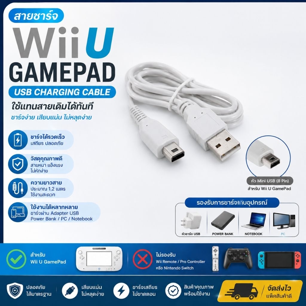 สายชาร์จ Nintendo Wii U GamePad USB Charging Cable (USB A to Mini USB) สำหรับ Wii U GamePad คุณภาพดี