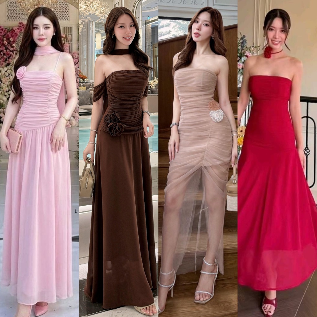 พร้อมส่ง NABI เดรสเกาะอกผ้าชีฟอง+โชคเกอร์ดอกไม้ ใส่ออกงาน ดินเนอร์ งานแต่ง เพื่อนเจ้าสาว