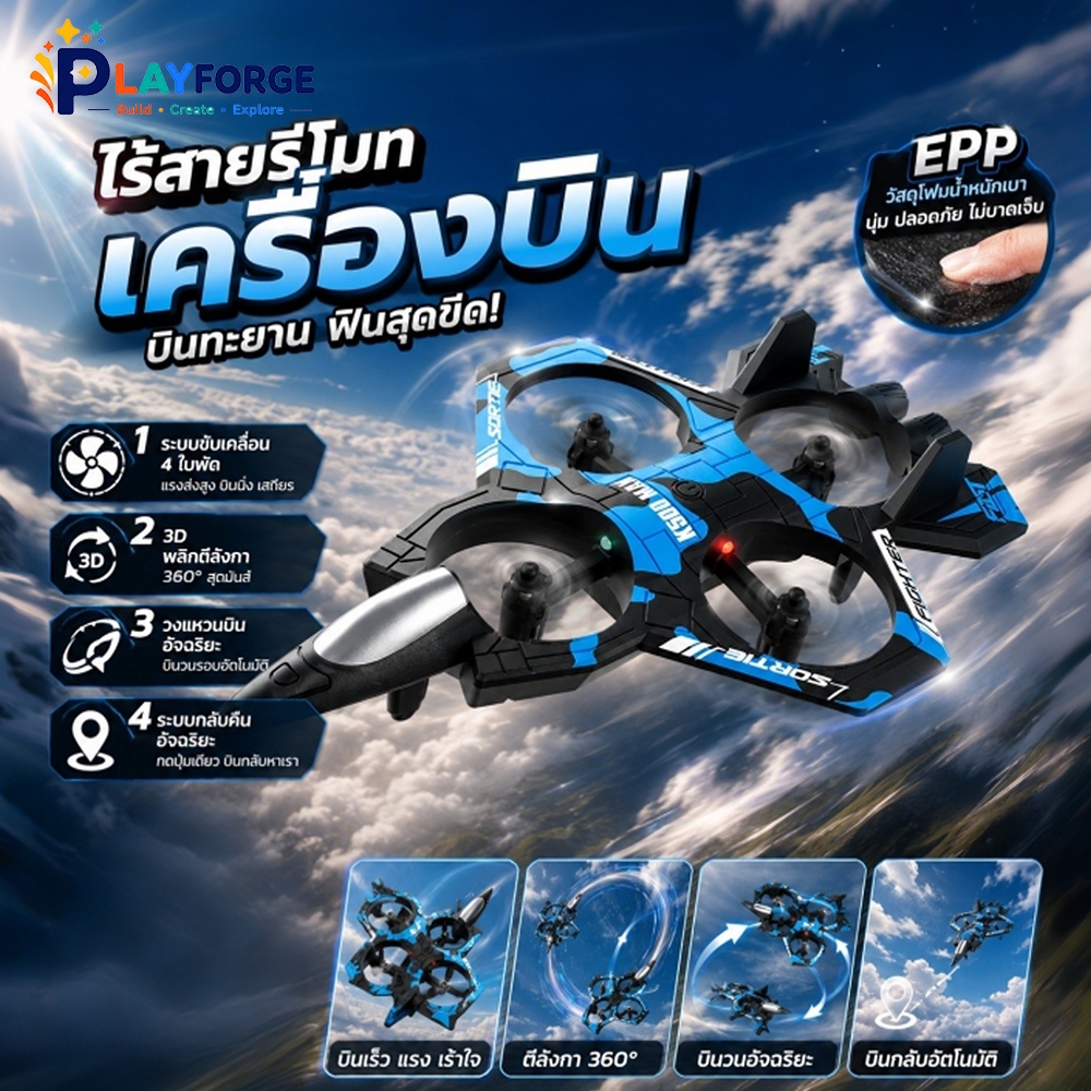 เครื่องบินควบคุมระยะไกล 2.4GHz โฟมทนตก บินผาดโผน360องศา มีไฟสว่าง บินได้บกน้ำอากาศ