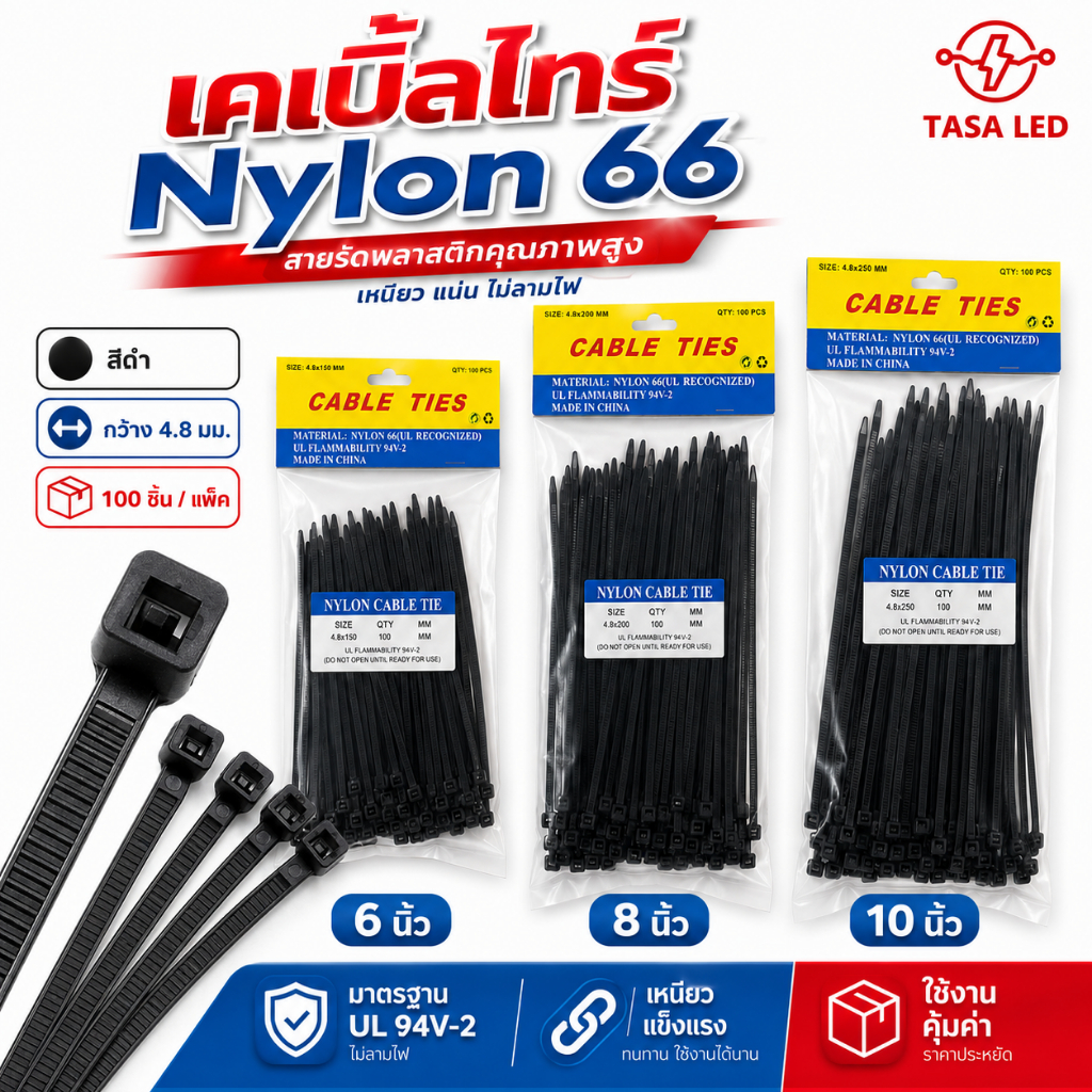 เคเบิ้ลไทร์ สายรัด สีดำ ความกว้าง 4.8 mm ขนาด 6  8 10 นิ้ว บรรจุถุงละ 100 เส้น