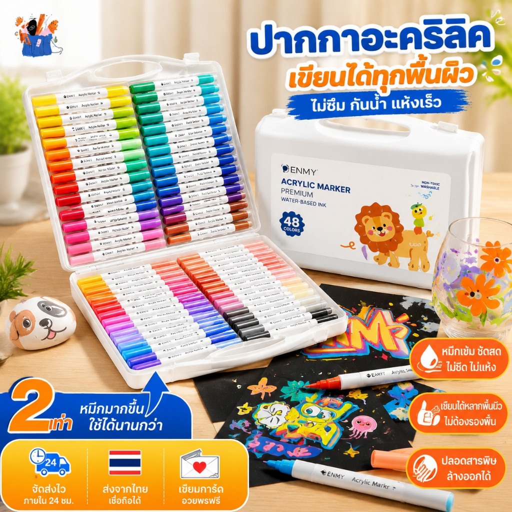 ของแท้ 24/36/48/60/80 สี ชุดปากกาสีอะคริลิคสองหัว ENMY พร้อมกระเป๋าพกพา ใช้ได้กับพื้นผิวหลากหลาย