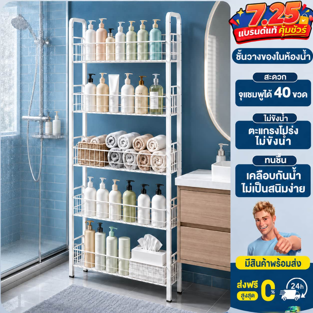LD 🔥ชั้นวางของในห้องน้ำ🔥ชั้นวางแชมพู 5/6 ชั้น กันน้ำ ไม่เป็นสนิม แบบตั้งพื้น ไม่ต้องเจาะ ระบายน้ำง่าย ประหยัดพื้นที่