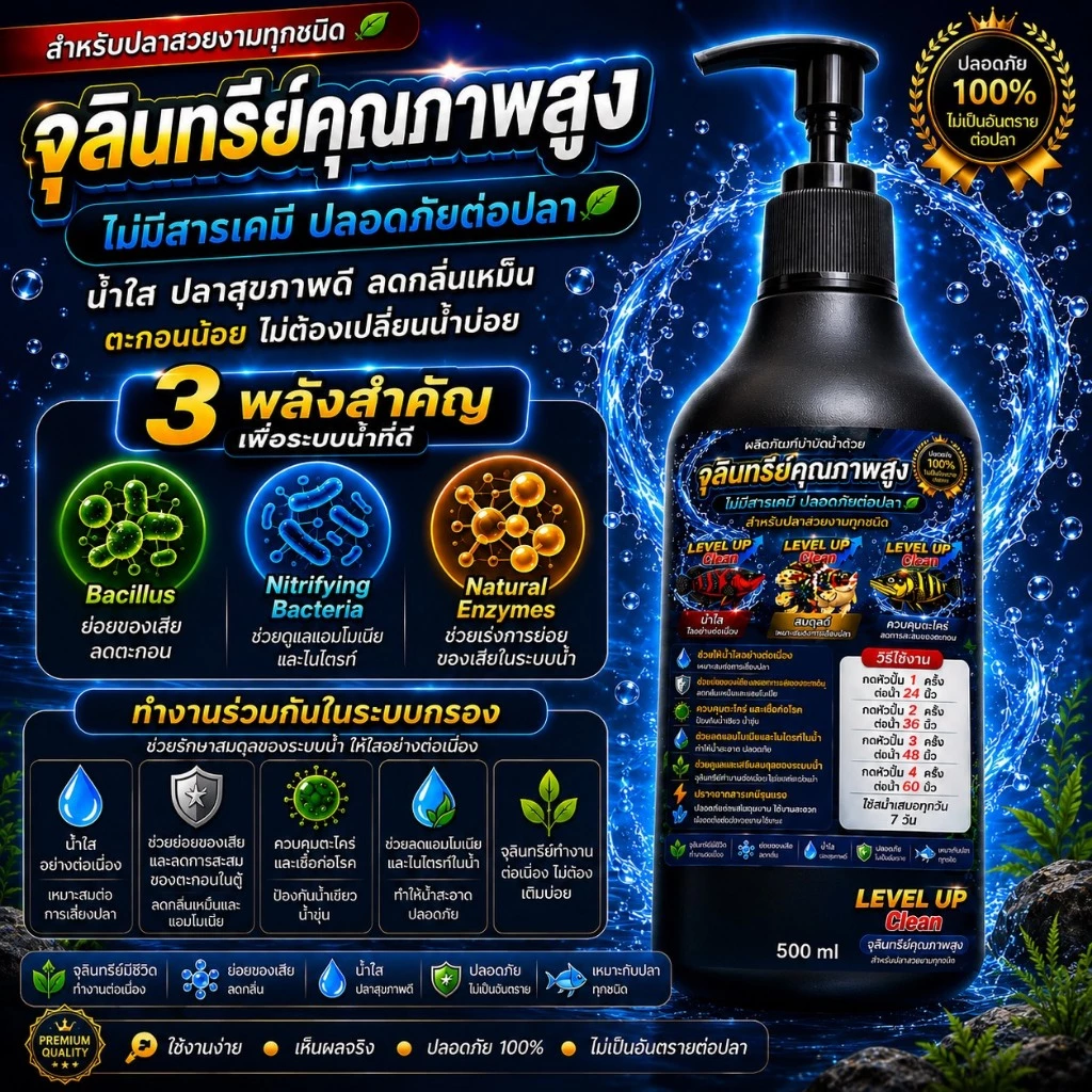 LEVEL UP Cleanจุลินทรีย์ตู้ปลาและบ่อปลา ช่วยย่อยขี้ปลาลดแอมโมเนีย ลดไนไตรท์ คุมตะไคร่ ลดเชื้อก่อโรค ลดกลิ่น น้ำใสปลอดภัย thumbnail 3