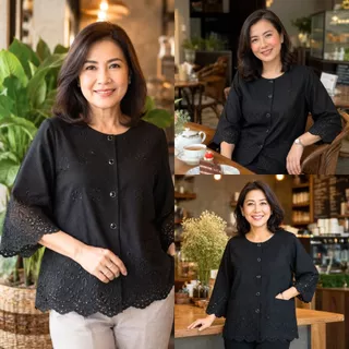 ร้านแชมป์อุดร เสื้อลูกไม้ฉลุผ้าบางคอกลมฝ่าหน้าแขนตรง มีมากกว่า 10 สี อก S,M,L,XL,2L,3L ชุดไปวัด