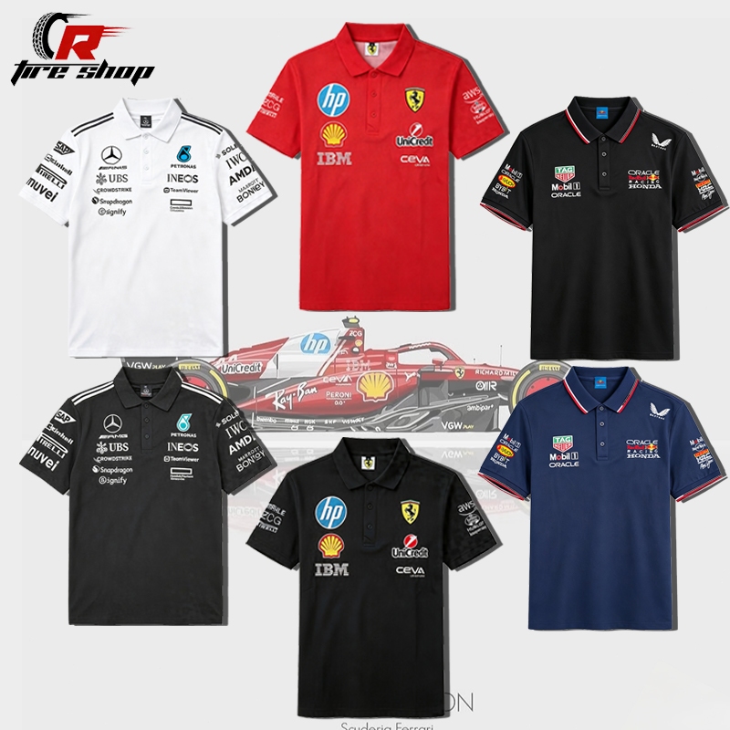 F1 Ferrari เสื้อโปโลแขนสั้นคอปกผู้หญิง ปักลายย้อนยุค เสื้อแข่งรถ ระบายอากาศ สบาย เสื้อคุณภาพสูง ใส่ได้ทั้งชายและหญิง