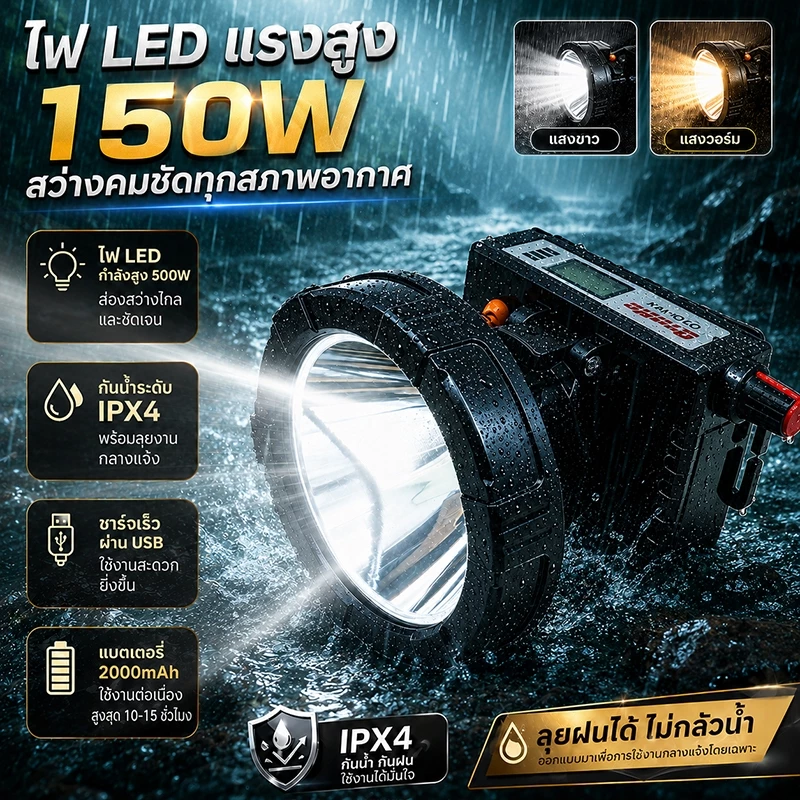ไฟคาดหัว LED กำลังสูง กันน้ำ IPX5 ลุยฝน ชาร์จในตัว ไม่ใช้ถ่าน แบตอึด10-15ชม มี2รุ่น เลือกใช้ ตกปลา แคมป์ปิ้ง ซ่อมกลางคืน
