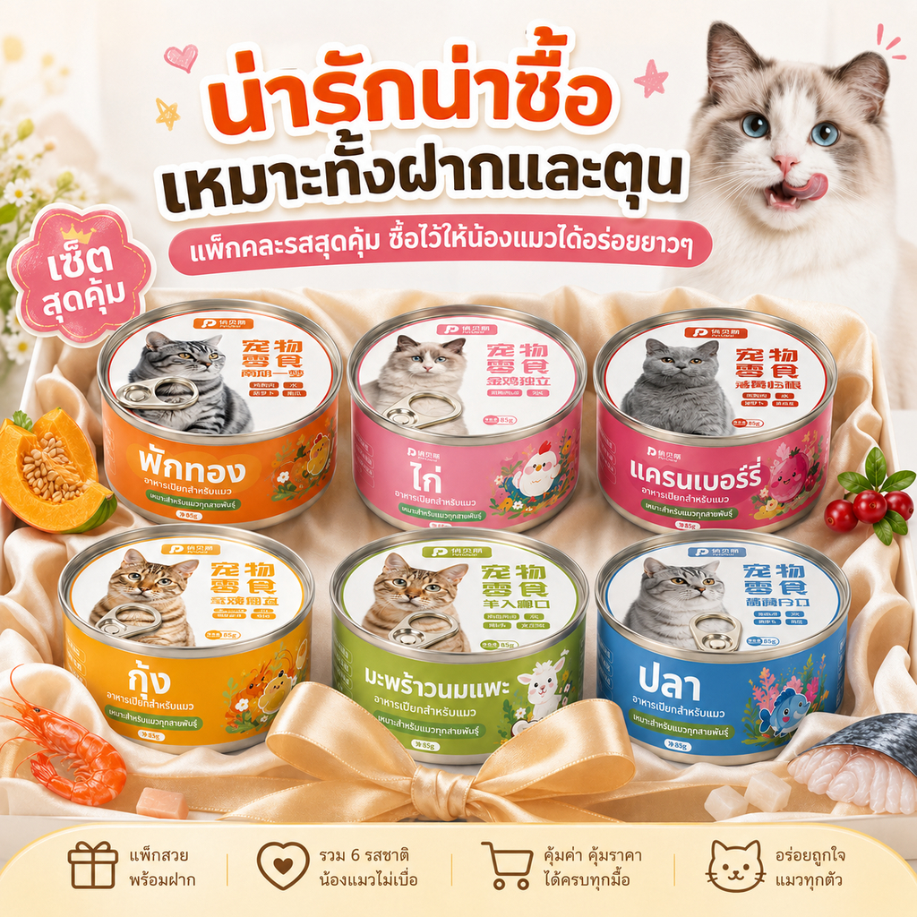 อาหารแมวเปียกคละรส 85 กรัม x 6 รสชาติ ฟักทอง ไก่ แครนเบอร์รี่ กุ้ง นมแพะมะพร้าว และปลา