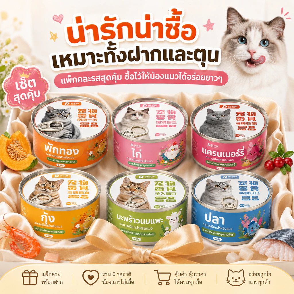 อาหารแมวเปียกคละรส 85 กรัม x 6 รสชาติ ฟักทอง ไก่ แครนเบอร์รี่ กุ้ง นมแพะมะพร้าว และปลา