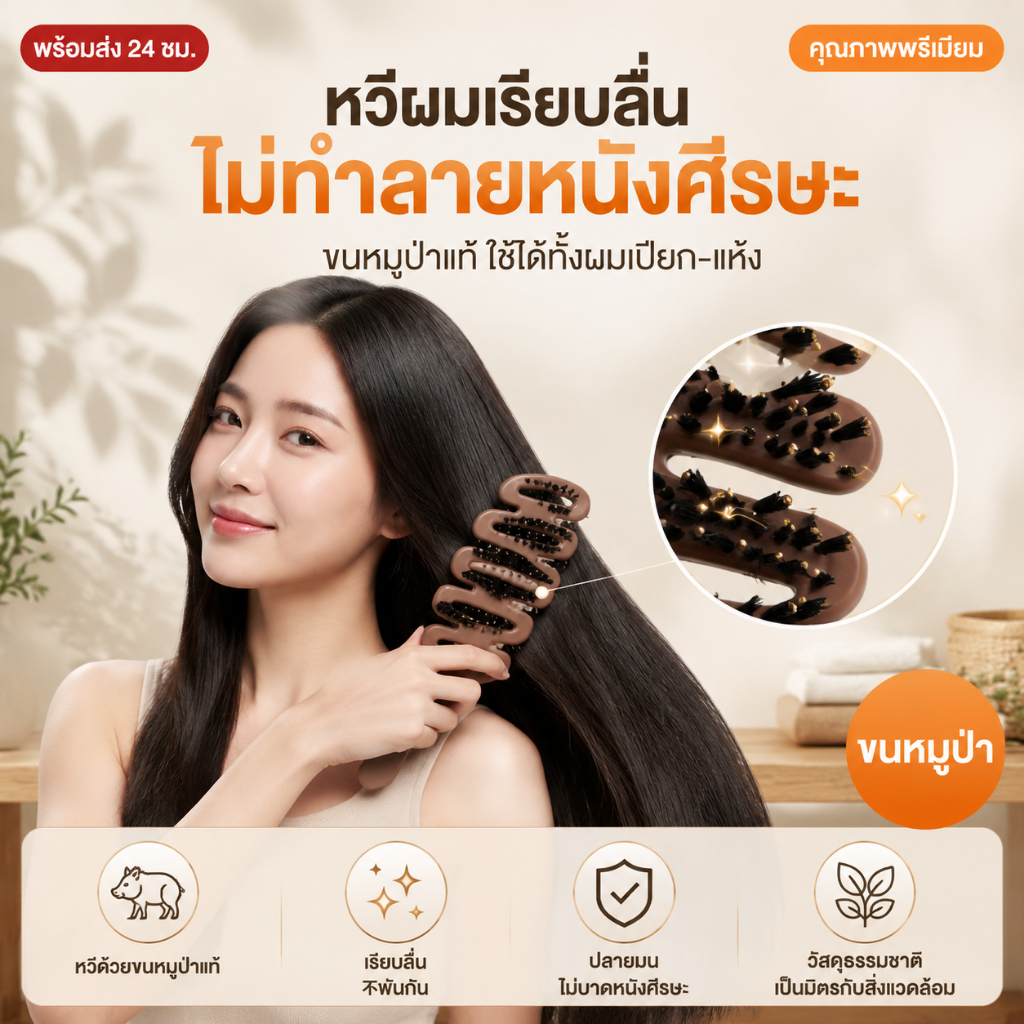 หวีขนหมูป่า นวดหนังศีรษะ ไม่ดึงผม เรียบลื่นผม ยกโคนผม จัดแต่งทรงผม ลดไฟฟ้าสถิตย์ ส่งฟรี