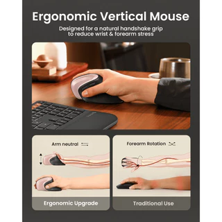 ProtoArc EM11 NL เมาส์แนวตั้ง Ergonomic ไร้สาย Bluetooth 2 ช่อง + 2.4G DPI 8000 ชาร์จได้ สีดำ-ชมพู รับประกัน 2 ปี