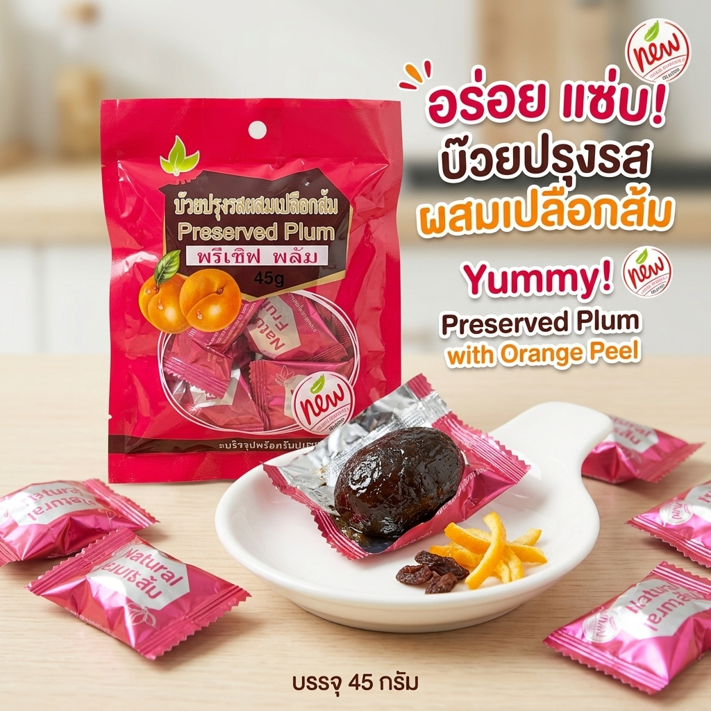 1แถม1 พรีเซิฟพลัม บ๊วยปรุงรสผสมเปลือกส้ม ขนาด45กรัม บ๊วยพลัม แก้เมารถเมาเรือ ขับเสมหะ ช่วยให้ชุ่มคอ