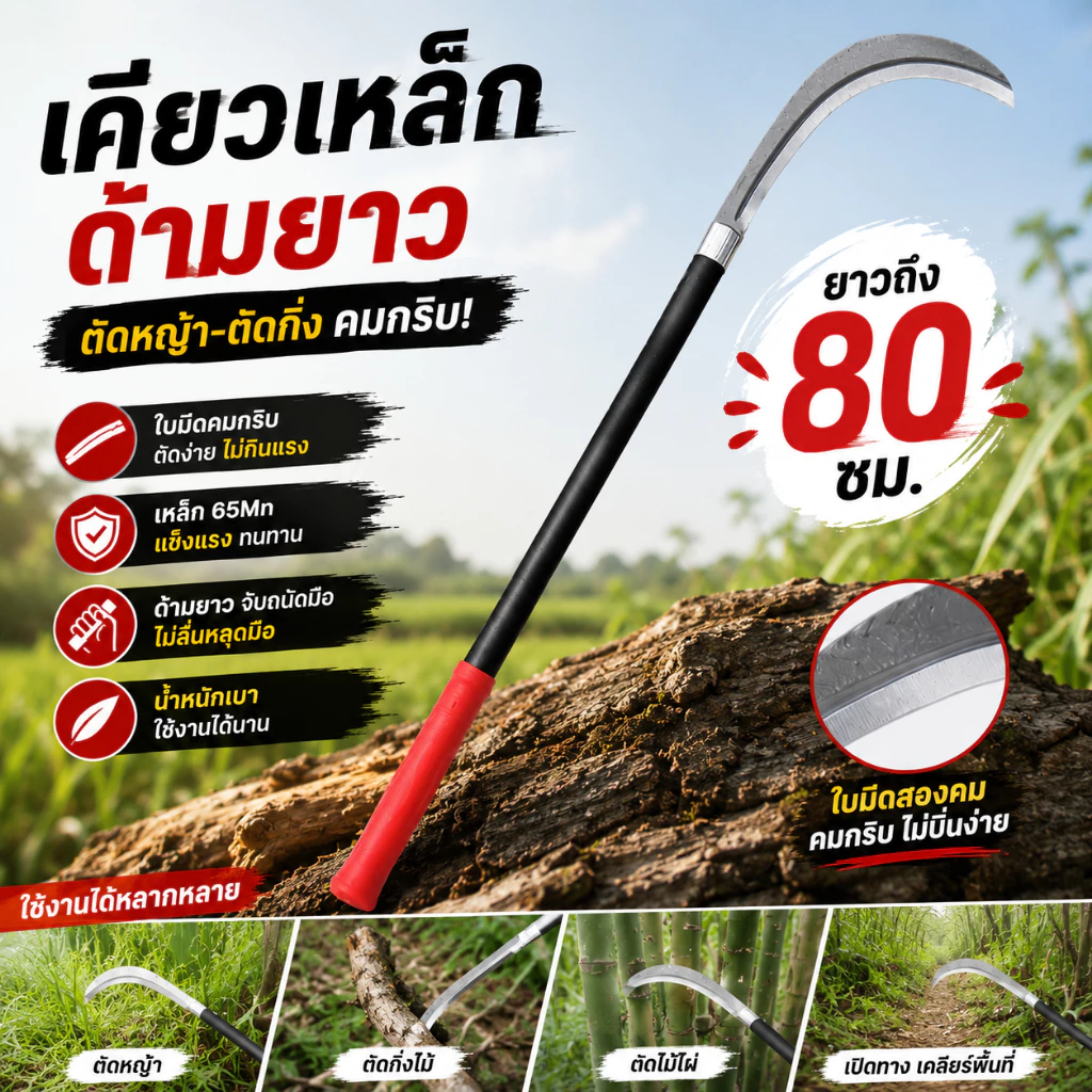 เคียวด้ามยาว 80 ซม. เคียวใบหลิว เหล็ก 65Mn คม 2 ด้าน อเนกประสงค์ ใช้ถางหญ้า ตัดกิ่งไม้ ตัดกิ่งไผ่ งานสวน งานเกษตร