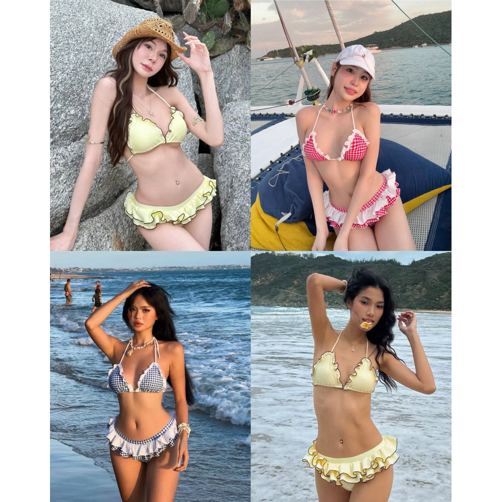Nty brand ชุดว่ายน้ำ บิกินี่ 2 ชิ้น วันพีช เซ็กซี่ ผูกคอ โชว์หลัง เชือกผูก มีฟองน้ำ bikini beach รุ่