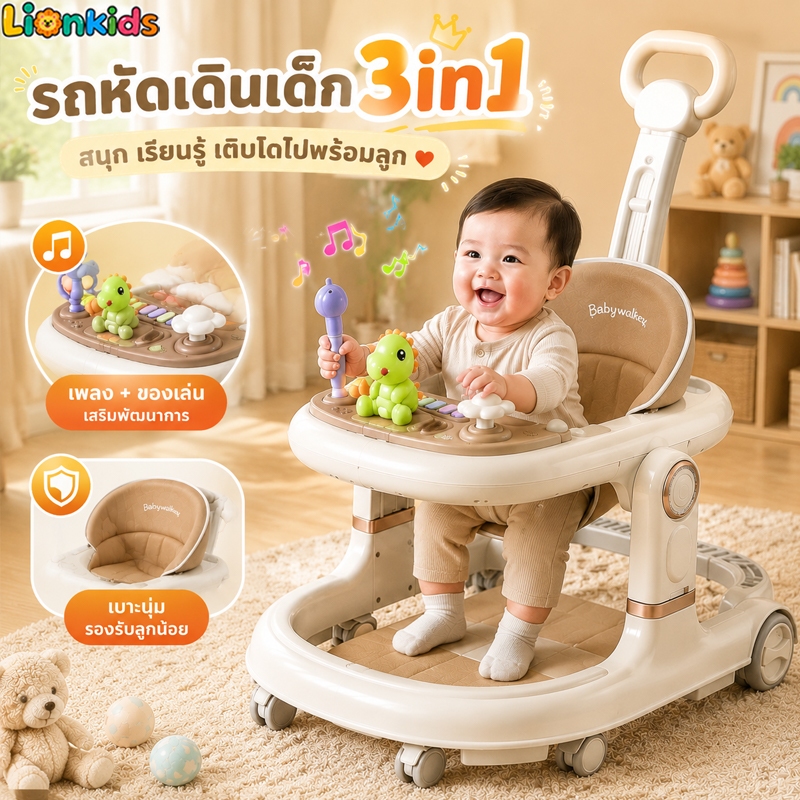 LionKids รถหัดเดินเด็ก 4 โหมด อเนกประสงค์ พับได้ ปรับสูง 3 ระดับ มีของเล่นเสียง ล้อเงียบกันล้ม Baby Walker