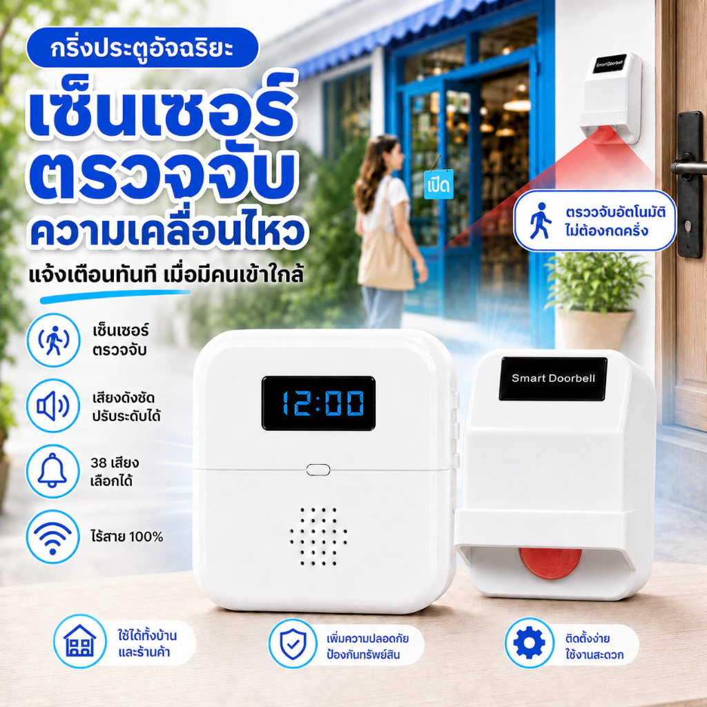 Chunhee เซนเซอร์ตรวจจับความเคลื่อนไหว กริ่งร้านค้าไร้สาย 38 เสียงปรับระดับ มีจอเวลา ติดตั้งง่าย ใช้บ้านและร้าน COD