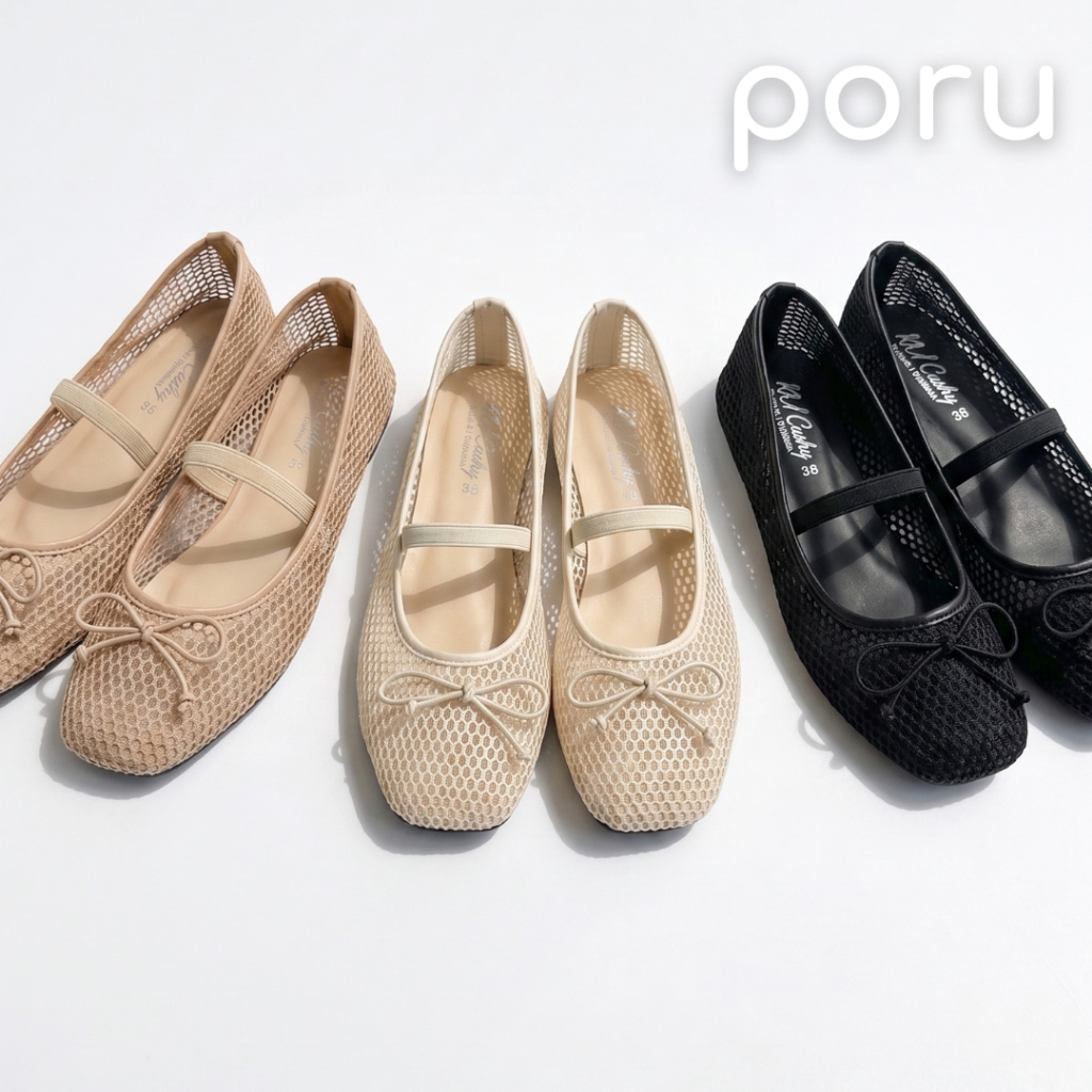 PORU รองเท้าคัทชูตาข่ายสไตล์เกาหลีทรง Mary Jane แต่งโบว์ น่ารัก ระบายอากาศดี รองเท้าคัทชูผู้หญิง