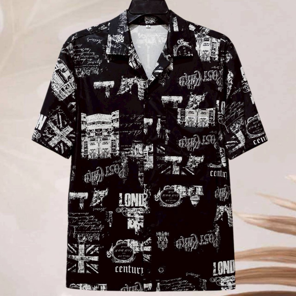 เสื้อเชิ้ตฮาวาย ลายวินเทจลอนดอน (พื้นสีดำ) ผ้าไหมอิตาลี