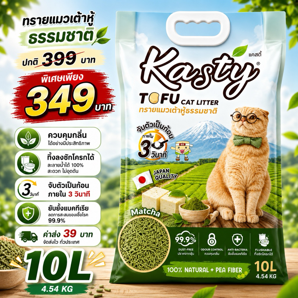 10 ลิตร Kasty ทรายแมวเต้าหู้ธรรมชาติ กลิ่น Matcha