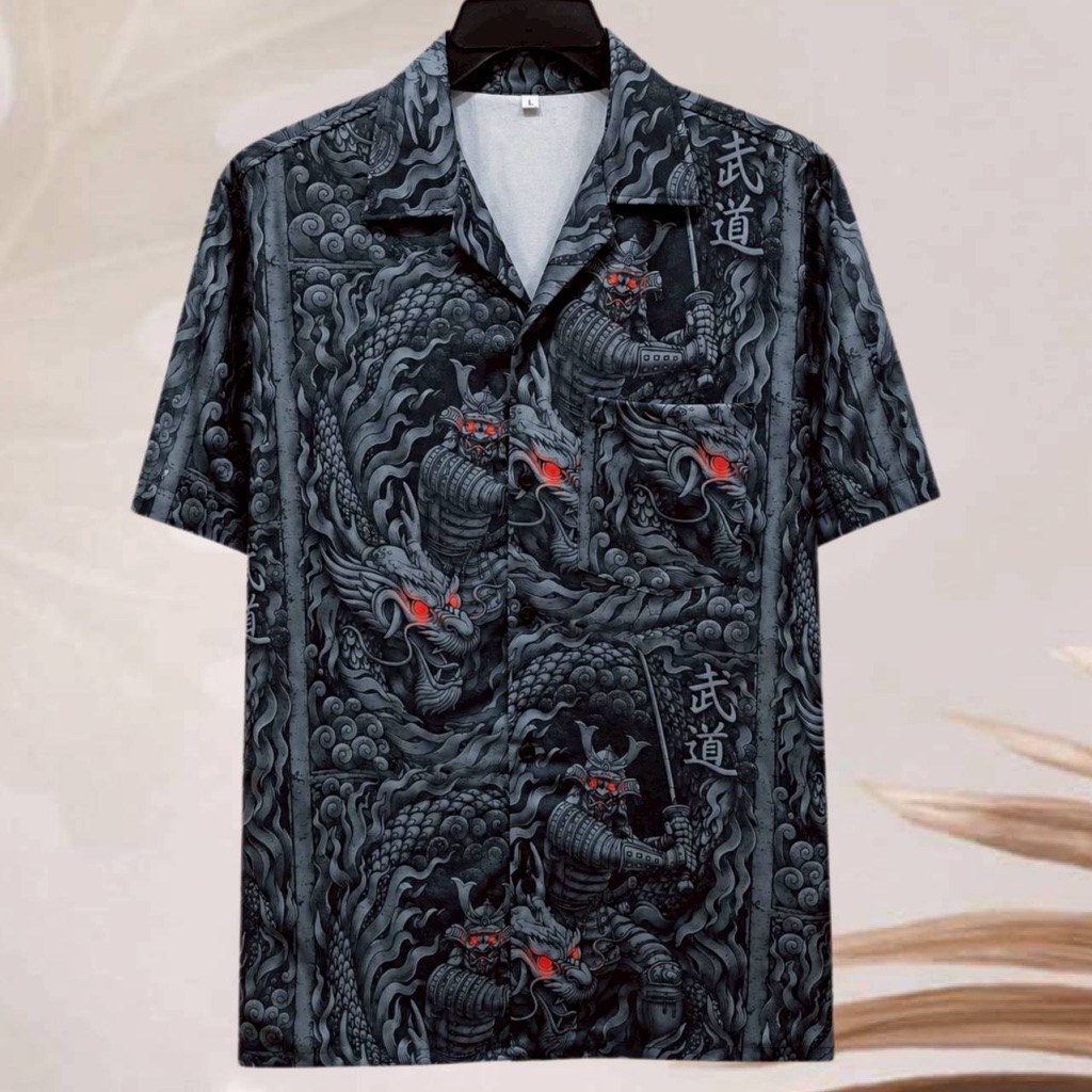 เสื้อเชิ้ตฮาวาย ลายมังกรซามูไร (พื้นสีดำ) ผ้าไหมอิตาลี