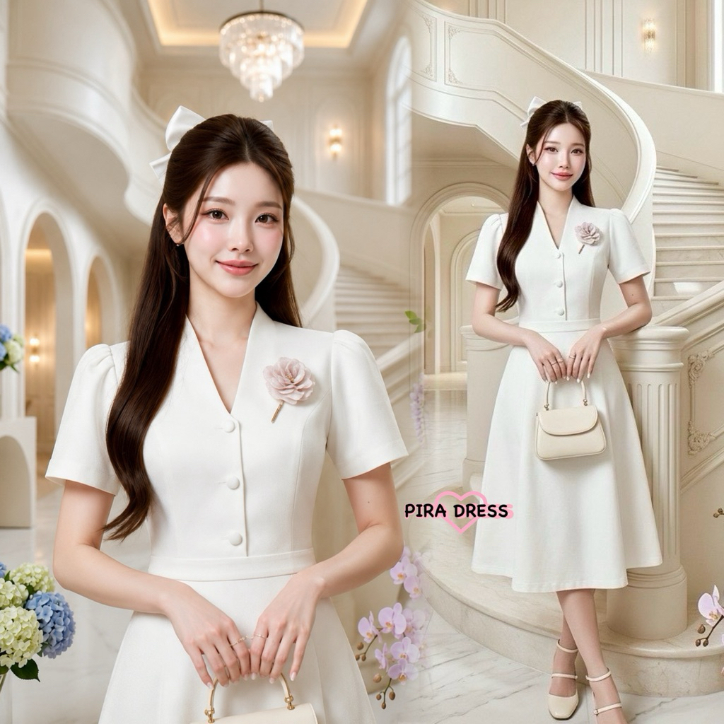 PIRA DRESS ชุดเดรสสีขาวสไตล์หรูหรา ดีไซน์คอวี แขนสั้น แต่งดอกไม้ที่อก สำหรับผู้หญิงที่ต้องการดูมีสไตล์และมีระดับ