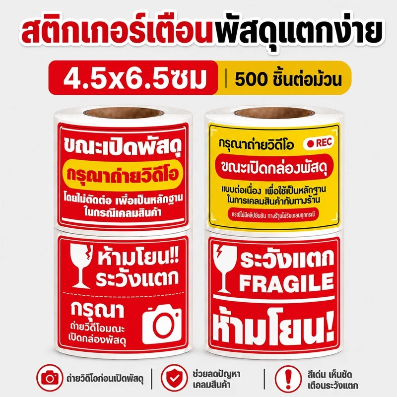 สติกเกอร์ระวังแตก สำหรับแปะกล่องพัสดุ ขนาด 4.5x6.5cm จำนวน 500 ดวง/ม้วน สติ๊กเกอร์วิดีโอ สติกเกอร์พัสดุ