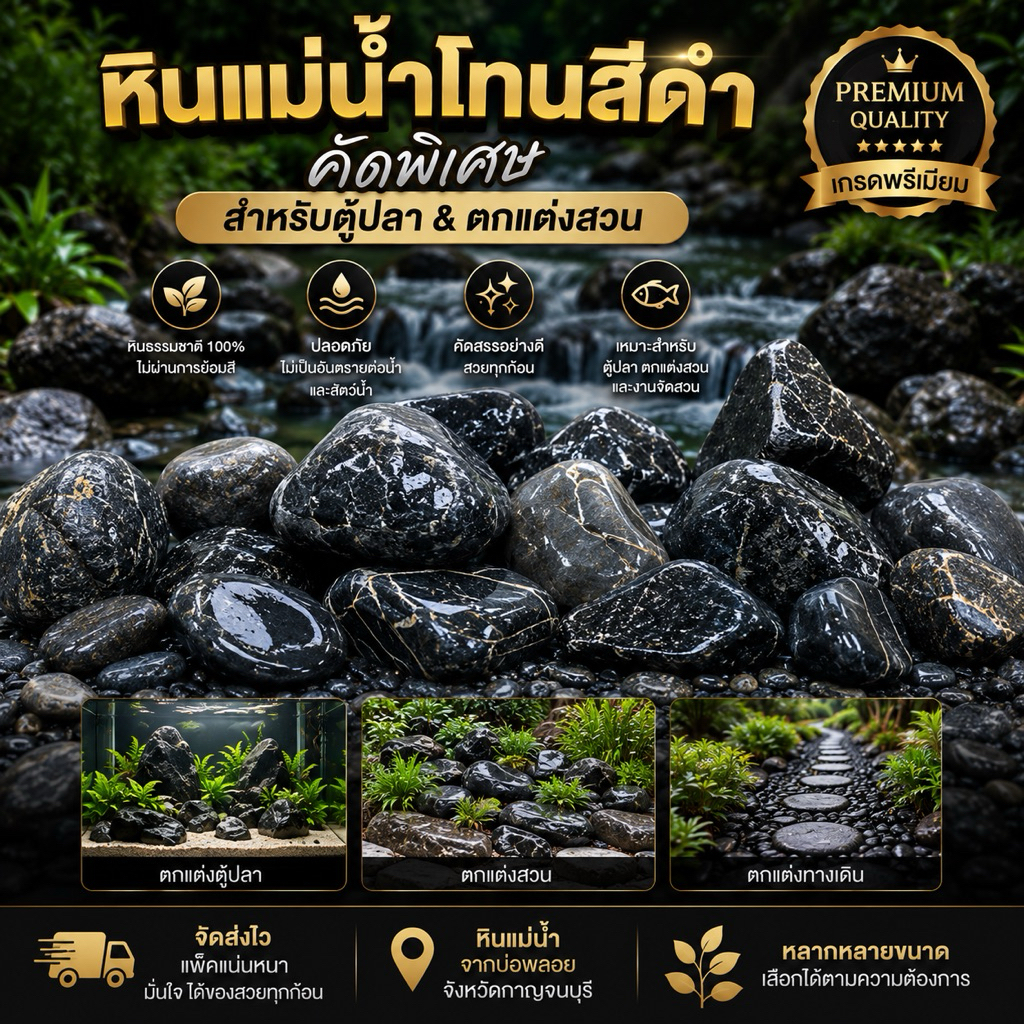 หินตู้ปลา หินแม่น้ำโทนสีดำ ธรรมชาติ คัดพิเศษ ขนาดเล็ก–ใหญ่ สำหรับตกแต่งตู้ปลา Aquascape จัดสวน และบ่อปลา