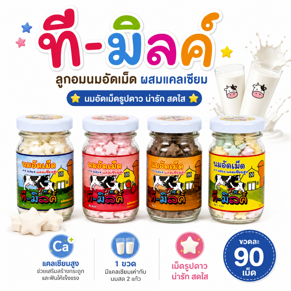 [1ขวด] ที-มิลค์ ลูกอมนมอัดเม็ด ผสมแคลเซียม เม็ดรูปดาว แคลเซียมสูง บรรจุ 80 กรัม 90 เม็ด