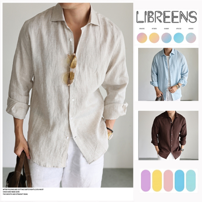 เสื้อเชิ้ตแขนยาวผ้าลินินผสมผู้ชาย ทรงหลวม ผ้าบางระบายอากาศ สีพื้น มีหลายสี สวมใส่ฤดูร้อนประจำวัน