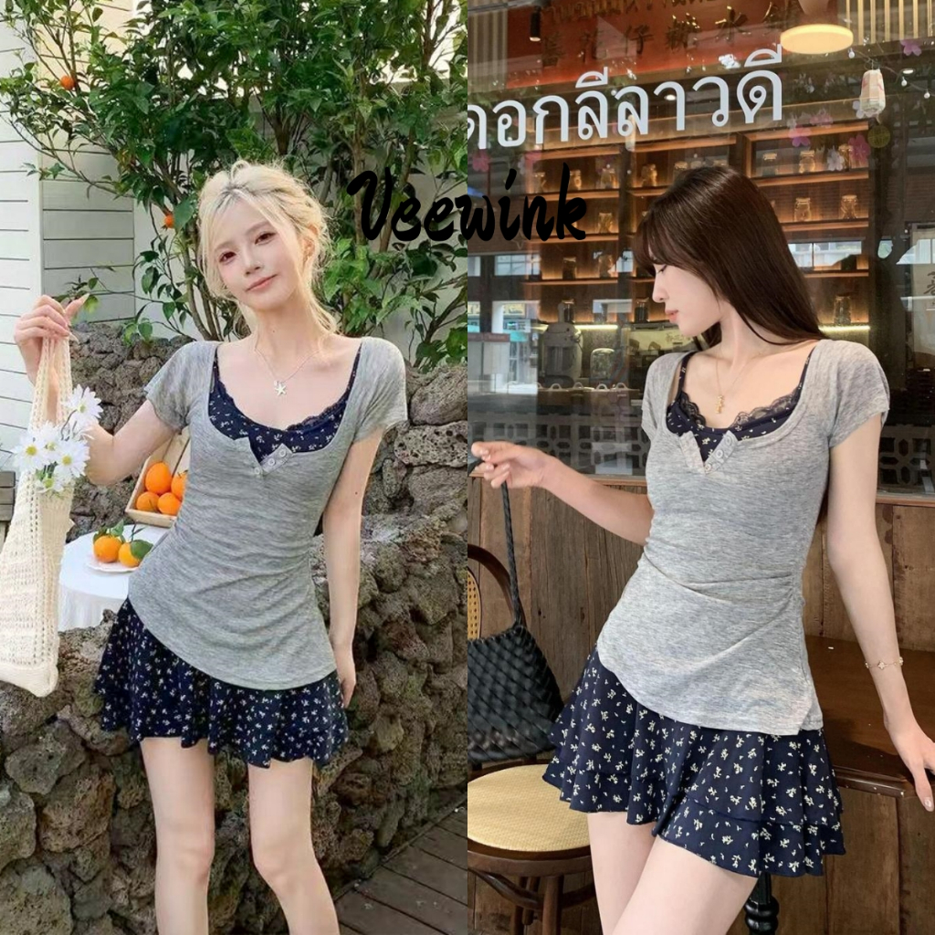 Veewink เซ็ท2ชิ้น เสื้อครอปคอเหลี่ยมลูกไม้ต่อ+เดรสเกาะอกลายดอกไม้ หวานแซ่บ ใส่แล้วเรียว
