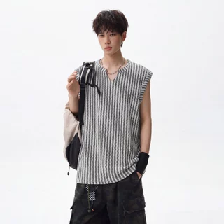 BecoolMan เสื้อยืดผู้ชาย แขนกุด เสื้อผู้ชายสไตล์เกาหลี ความรู้สึกของพื้นผิว หลวมสบาย ผ้าบางเบา ไม่ร้อน ลำลอง