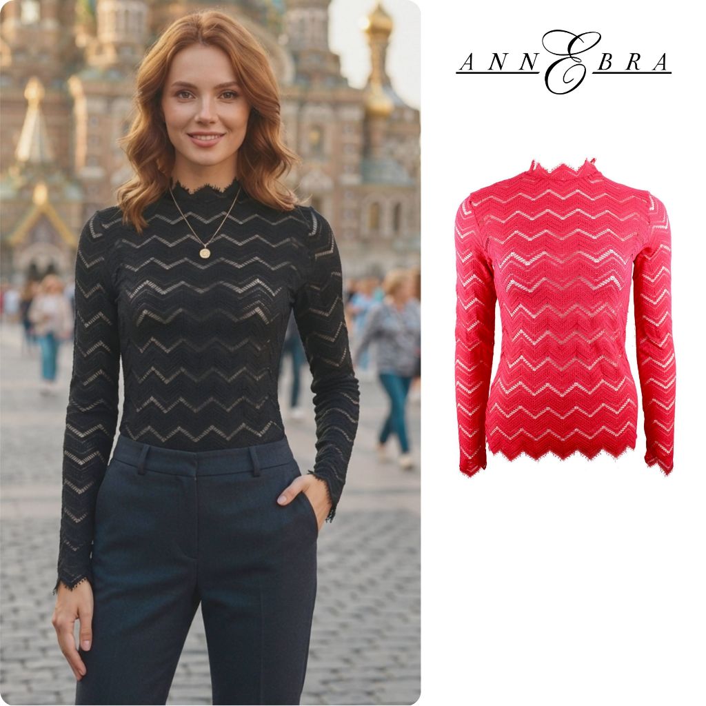Annebra Camisole เสื้อแขนยาว เสื้อซีทรู ผ้าลูกไม้ยืดซีทรู Lace Mock Neck Top รุ่น AH4-130 สีดำ,สีเเดง