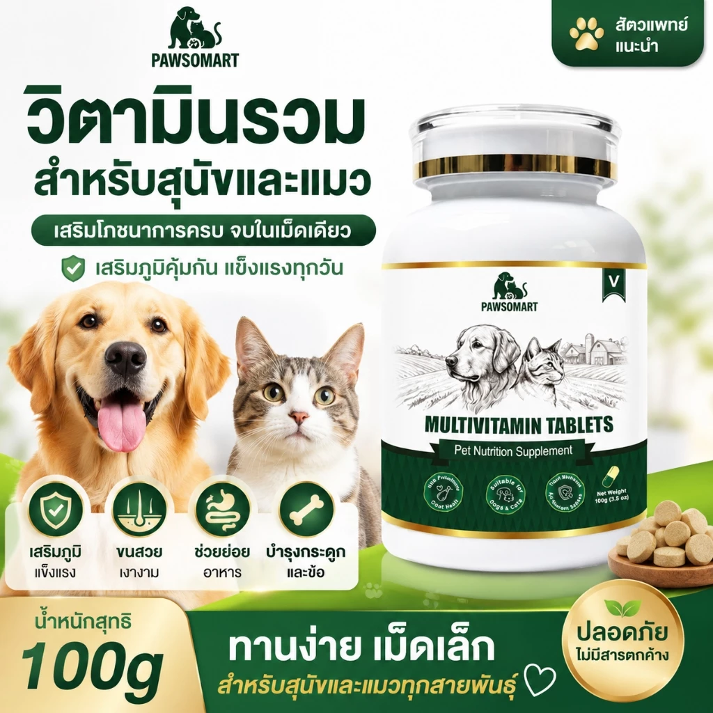PAWSOMART วิตามินสัตว์เลี้ยง อาหารเสริมสัตว์เลี้ยง วิตามินสุนัข วิตามินแมว เสริมภูมิคุ้มกัน บำรุงขนและผิวหนัง ลดขนร่วง
