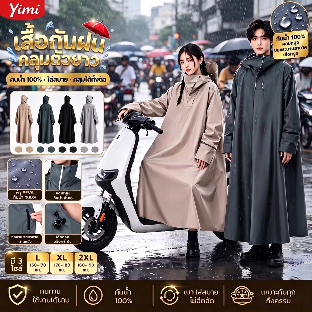 【Yimi】🌧️เสื้อกันฝน เสื้อกันฝนมอเตอร์ไซค์ ผ้าOxford หนา กันน้ำ100% มีฮู้ด สำหรับผู้ใหญ่