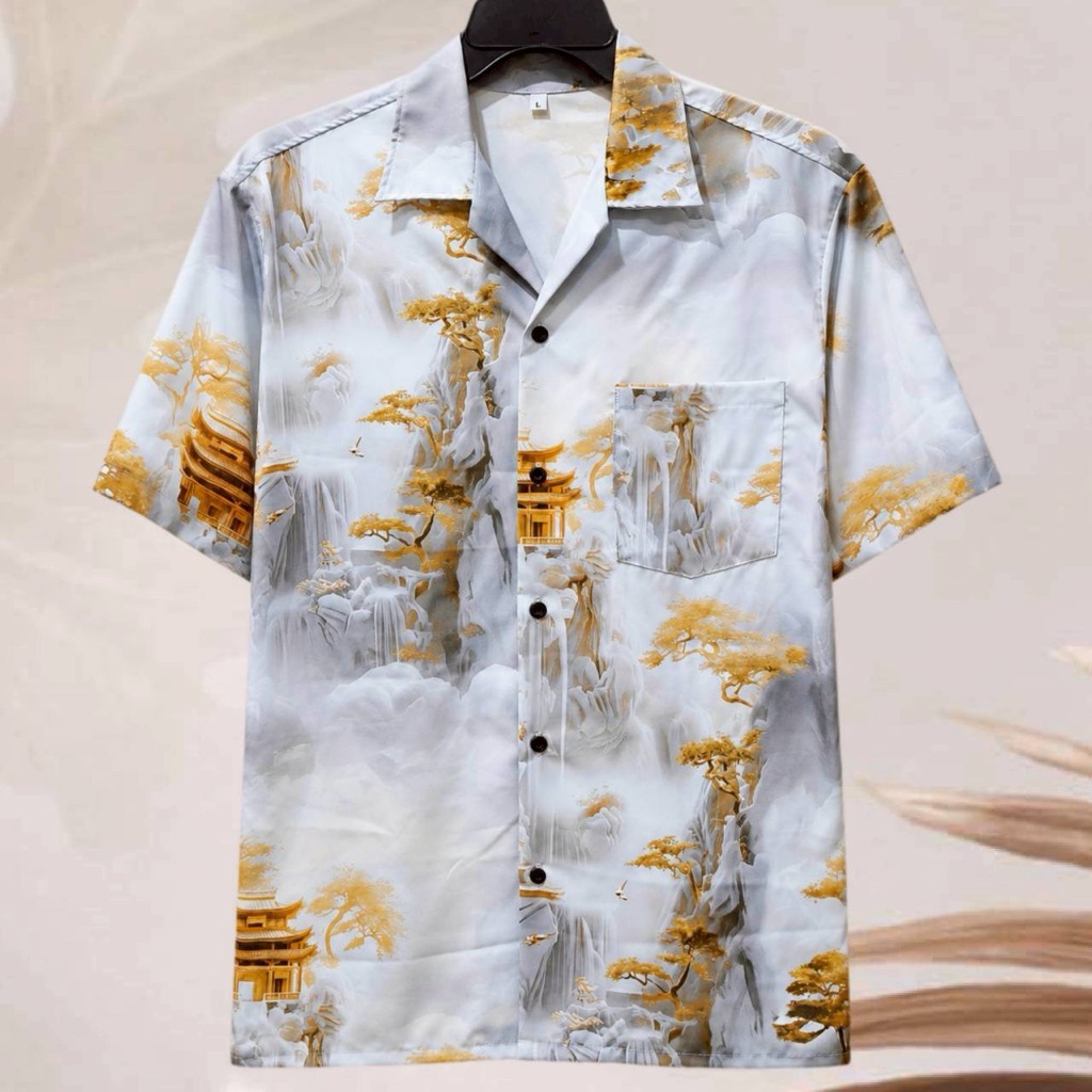 เสื้อเชิ้ตฮาวาย ลายภูเขาน้ำตกสววรค์ (พื้นสีเทา) ผ้าไหมอิตาลี