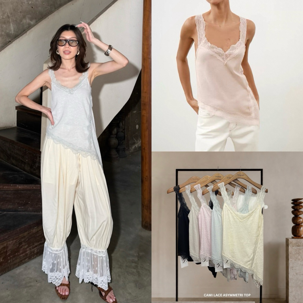 ส่งด่วน #8012 STUDIOX2 CAMI LACE ASYMMETRIC TOP เสื้อสายเดี่ยวลูกไม้ ชายเฉียง ผ้าคอตต้อลเนื้อนุ่ม