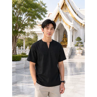 เสื้อผ้าฝ้าย ผ้าพื้นเมือง (หนังกบ) คอเจาะ แขนสั้น สีขาว