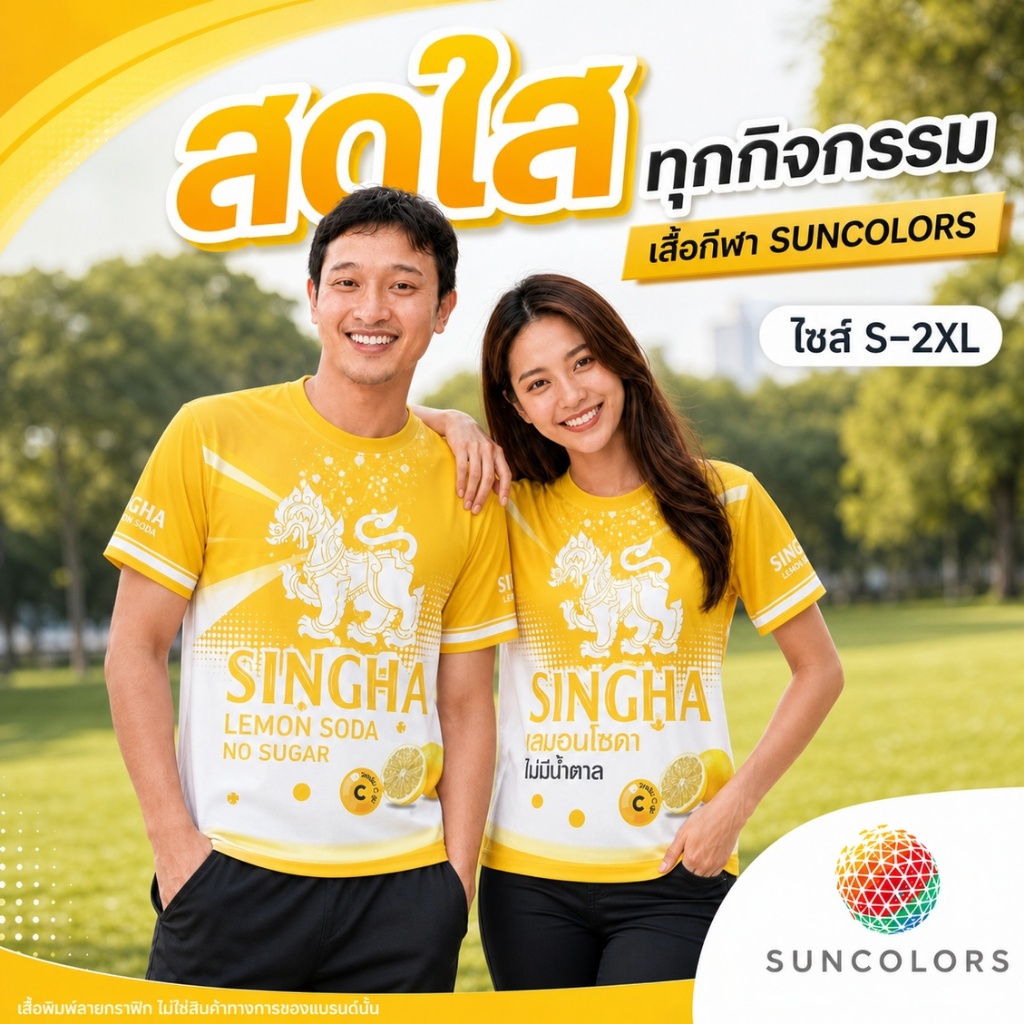 เสื้อกีฬา SUNCOLORS ลายกราฟิกสิงห์เลมอนโซดา สีเหลืองขาว ไมโครโพลีเอสเตอร์ ไซส์ S-2XL