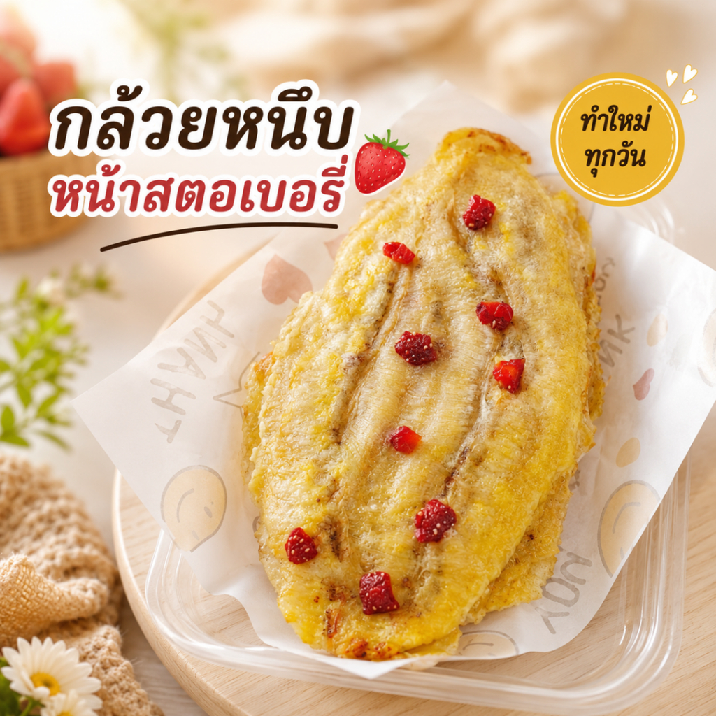 กล้วยหนึบอบธรรมชาติ หน้าสตอเบอรี่ ขนมเพื่อสุขภาพ ไม่ใส่น้ำตาล ไม่มีสารกันบูด
