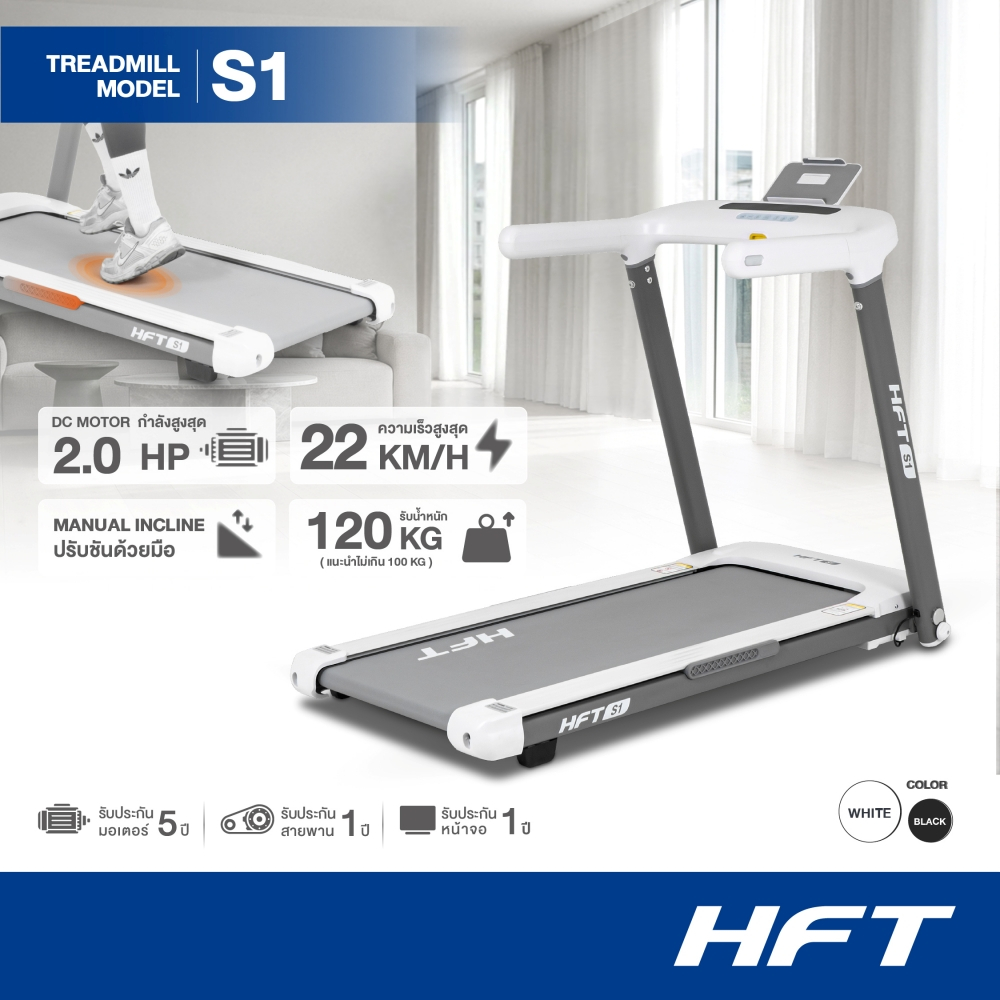 HFT ลู่วิ่งไฟฟ้า Treadmill รุ่น S1 Brushless 2.5HP ลู่วิ่งไฟฟ้าพับเก็บได้ ลู่วิ่ง สไตล์มินิมอล สีขาว
