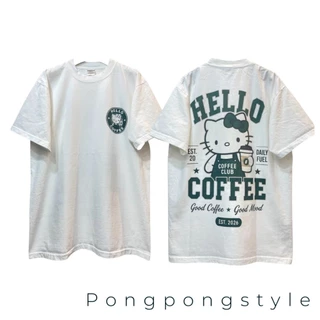 Hello Coffee เสื้อยืดทรงโอเวอร์ไซส์ Unisex งานผ้าCotton100 ไม่มีตะเข็บข้าง สกรีน DTG สกรีนจม ด้านหน้าแน่นๆ รีดทับได้