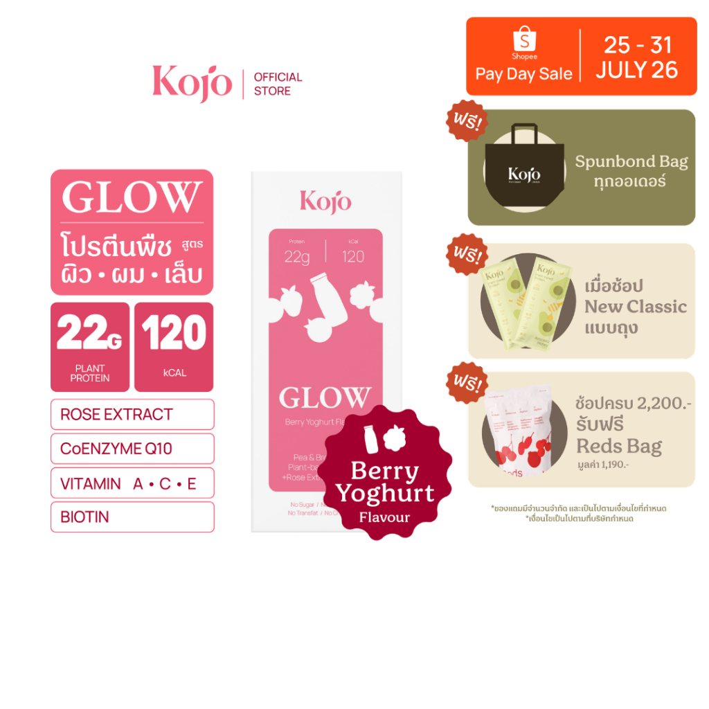 Kojo Glow Plant based Protein โคโจ โกลว์ โปรตีนจากพีชสูตร ผิว ผม เล็บ แบบกล่อง 1 กล่อง 5 ซอง