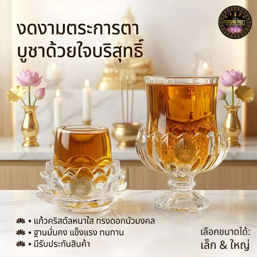 ชุดแก้วถวายน้ำหิ้งพระ แก้ว+ฐานรองแก้วคริสตัล แข็งแรงทนทานไม่แตกหักง่าย