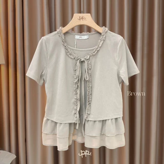 POI เสื้อยืดแต่งชายระบายชีฟองผูกโบว์ น่ารัก ผ้าเนื้อนิ่ม T013G7