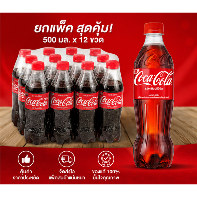 (ยกแพ็ค) Coke โค้ก เครื่องดื่มน้ำอัดลม Coca-Cola รสออริจินัล 500 ml.x 12ขวด