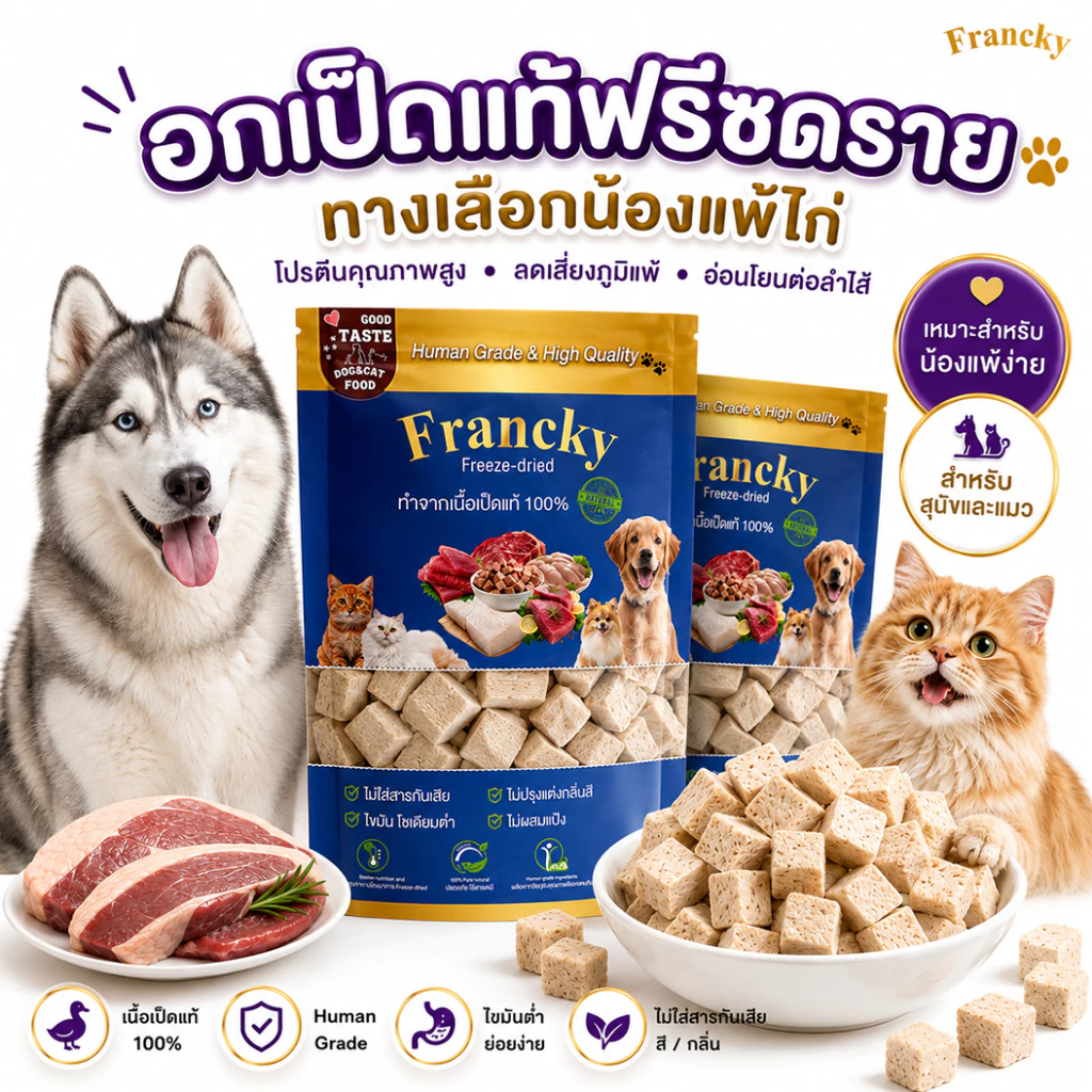 [ทางเลือกน้องแพ้ไก่] อกเป็ดแท้ฟรีซดราย Francky โปรตีนคุณภาพสูง ลดเสี่ยงภูมิแพ้ อ่อนโยนต่อลำไส้